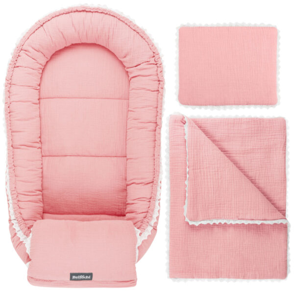 Ensemble de 3 pièces Baby Shower <i> Cuddly Muslin Pink </i> avec enveloppe décorative : oreiller et cousin de bras