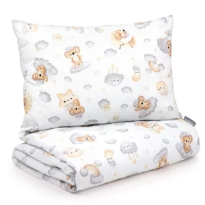 Parure de lit enfant en coton 2 pièces avec garnissage couette enfant 135×100 cm et oreiller 60×40 cm ours étoile
